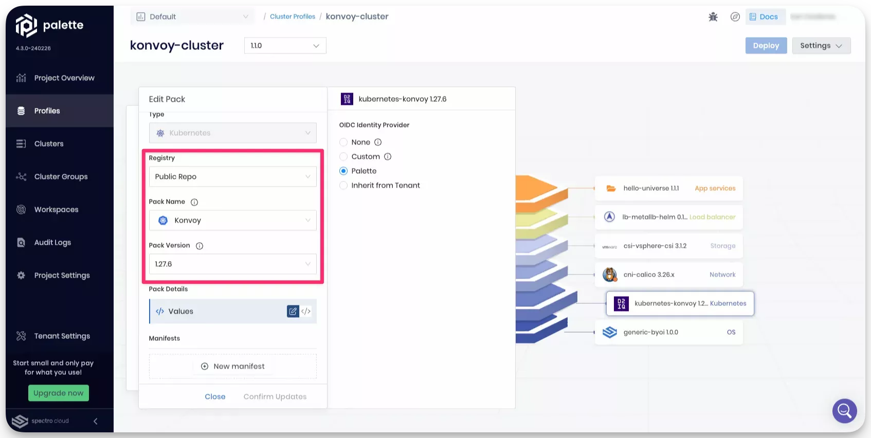 A view of the cluster profile Kubernetes selection screen